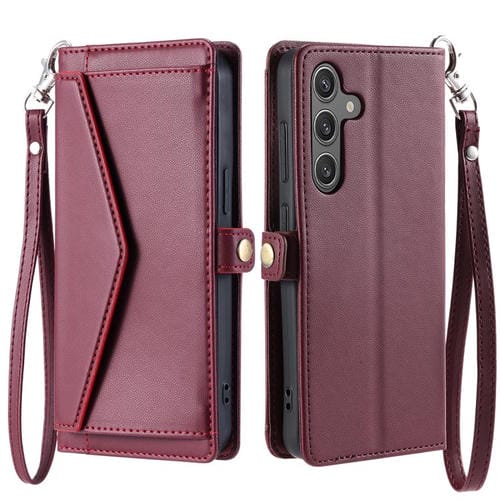 Funda de cuero con ranura para múltiples tarjetas y cordón para Samsung Galaxy A17 5G (rojo vino)