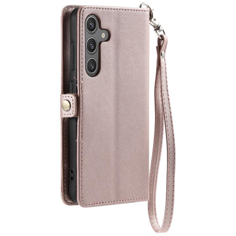 Funda de cuero con ranura para múltiples tarjetas y cordón para Samsung Galaxy S25 FE 5G (oro rosa)