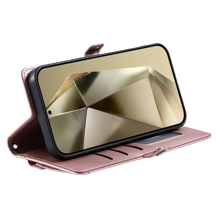 Funda de cuero con ranura para múltiples tarjetas y cordón para Samsung Galaxy S25 FE 5G (oro rosa)