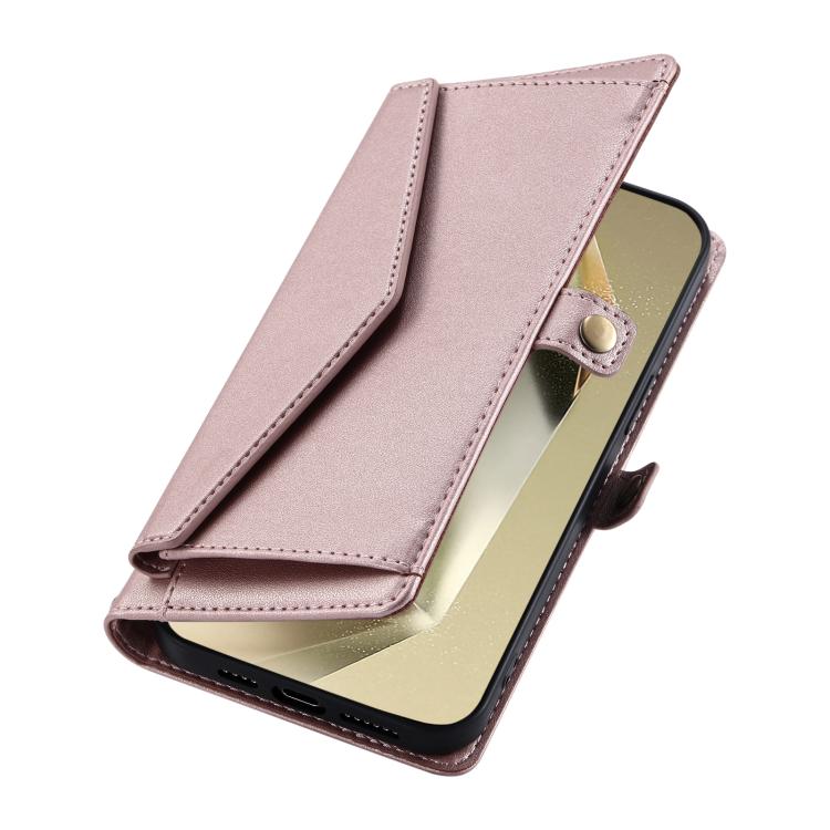 Funda de cuero con ranura para múltiples tarjetas y cordón para Samsung Galaxy S25 FE 5G (oro rosa)
