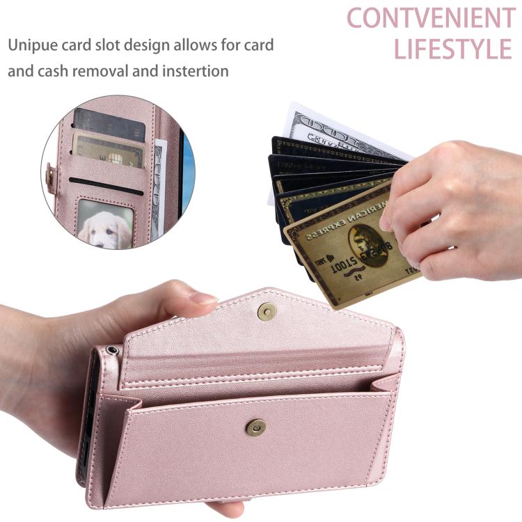 Funda de cuero con ranura para múltiples tarjetas y cordón para Samsung Galaxy S25 FE 5G (oro rosa)