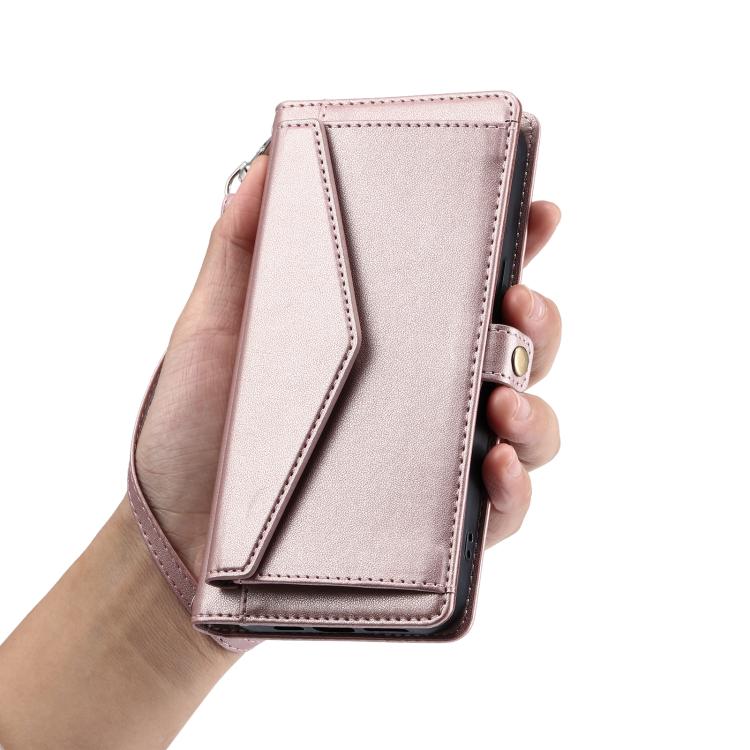 Funda de cuero con ranura para múltiples tarjetas y cordón para Samsung Galaxy S25 FE 5G (oro rosa)