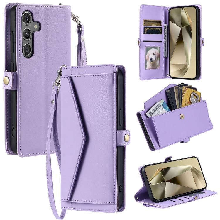 Funda de cuero con ranura para múltiples tarjetas y cordón para Samsung Galaxy S25 FE 5G (morado)