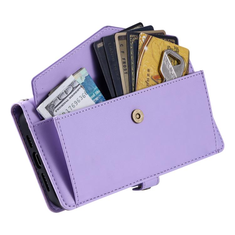 Funda de cuero con ranura para múltiples tarjetas y cordón para Samsung Galaxy S25 FE 5G (morado)