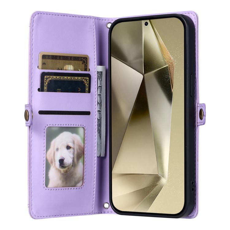 Funda de cuero con ranura para múltiples tarjetas y cordón para Samsung Galaxy S25 FE 5G (morado)