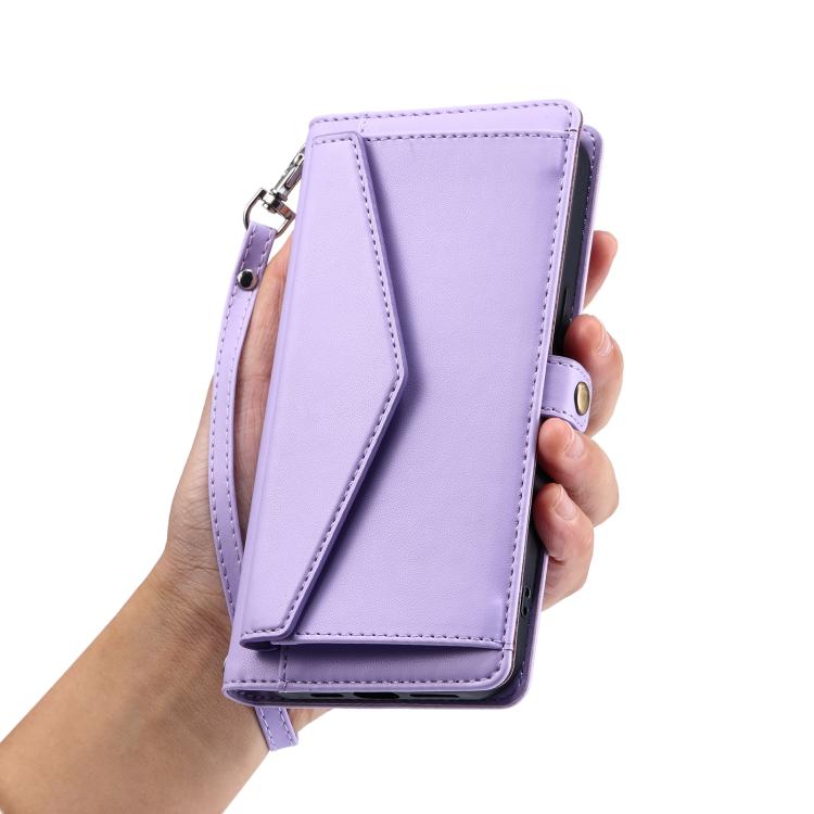 Funda de cuero con ranura para múltiples tarjetas y cordón para Samsung Galaxy S25 FE 5G (morado)