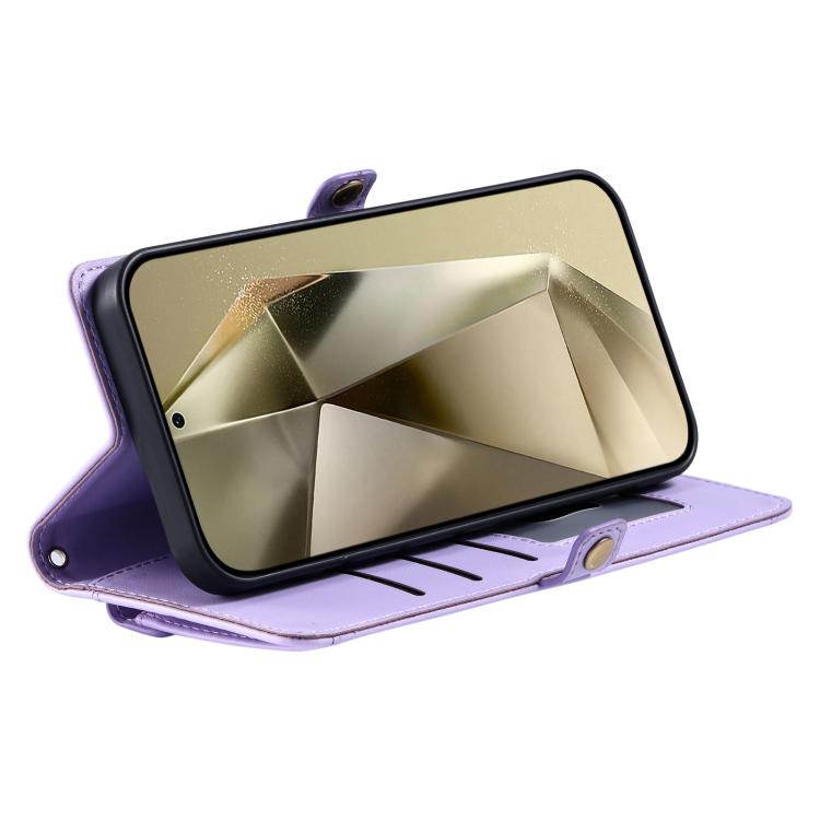Funda de cuero con ranura para múltiples tarjetas y cordón para Samsung Galaxy S25 FE 5G (morado)