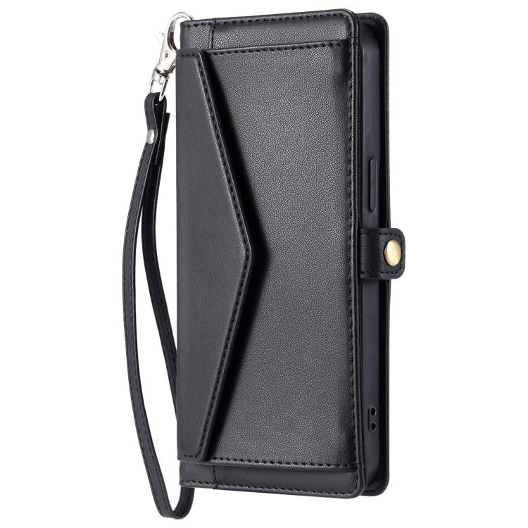Funda de cuero con ranura para múltiples tarjetas y cordón para Samsung Galaxy S25 FE 5G (negro)