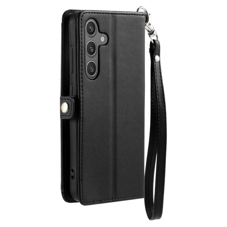 Funda de cuero con ranura para múltiples tarjetas y cordón para Samsung Galaxy S25 FE 5G (negro)