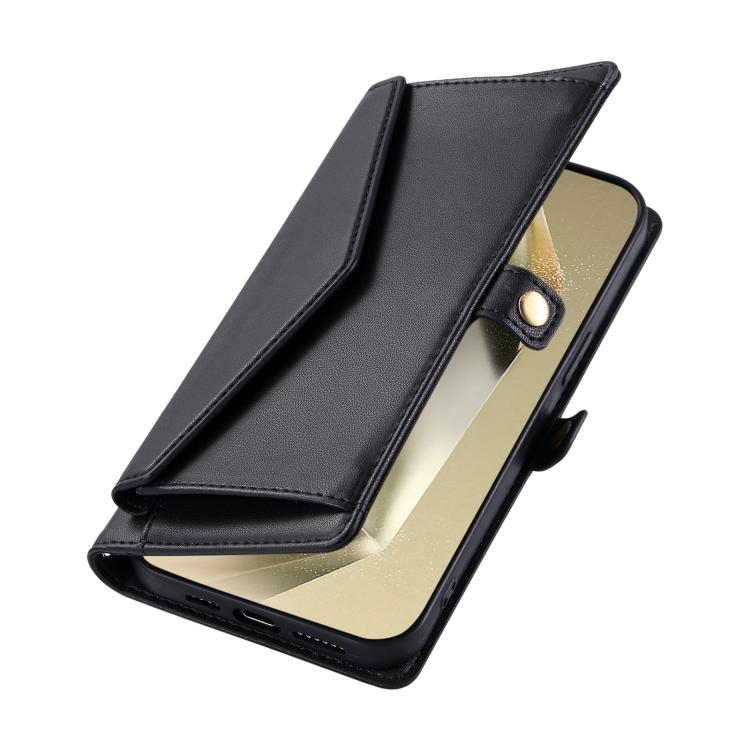 Funda de cuero con ranura para múltiples tarjetas y cordón para Samsung Galaxy S25 FE 5G (negro)