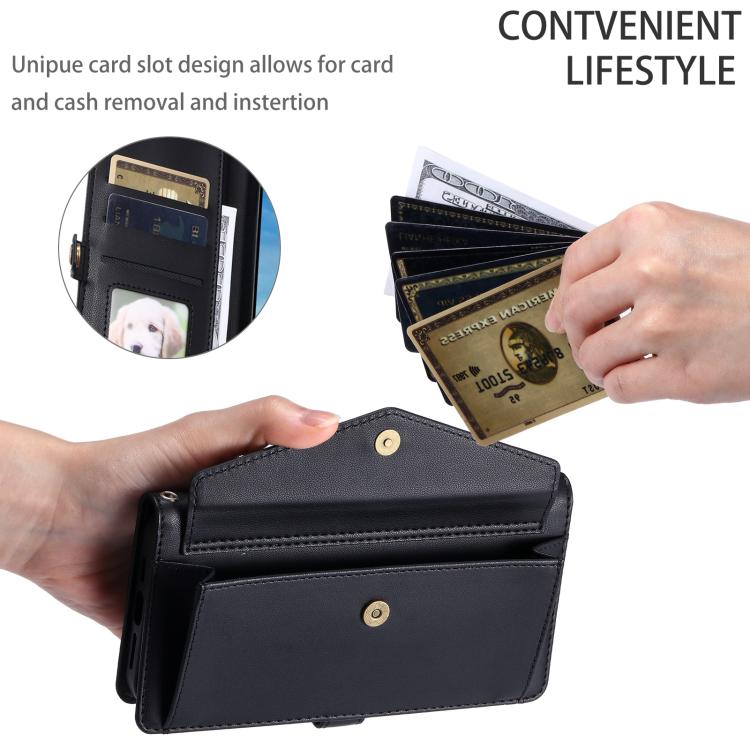 Funda de cuero con ranura para múltiples tarjetas y cordón para Samsung Galaxy S25 FE 5G (negro)