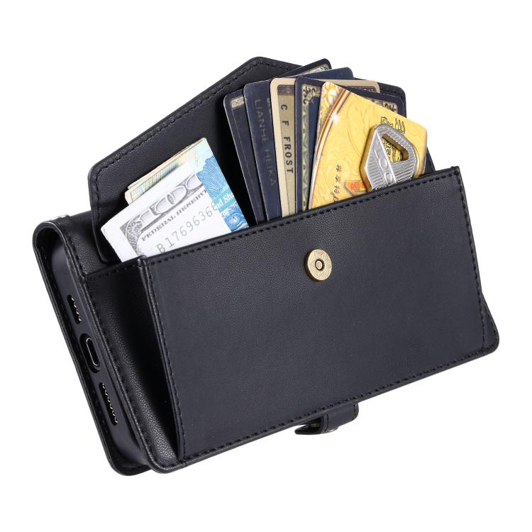 Funda de cuero con ranura para múltiples tarjetas y cordón para Samsung Galaxy S25 FE 5G (negro)