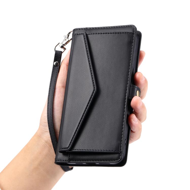 Funda de cuero con ranura para múltiples tarjetas y cordón para Samsung Galaxy S25 FE 5G (negro)