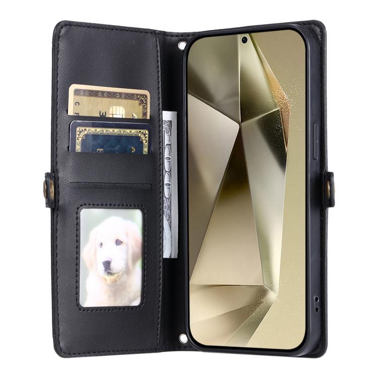 Funda de cuero con ranura para múltiples tarjetas y cordón para Samsung Galaxy S25 FE 5G (negro)