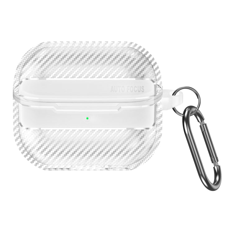 Funda Protectora para Auriculares Samsung Galaxy Buds3 y 3 Pro con Textura de Fibra de Carbono y Mosquetón (Transparente)