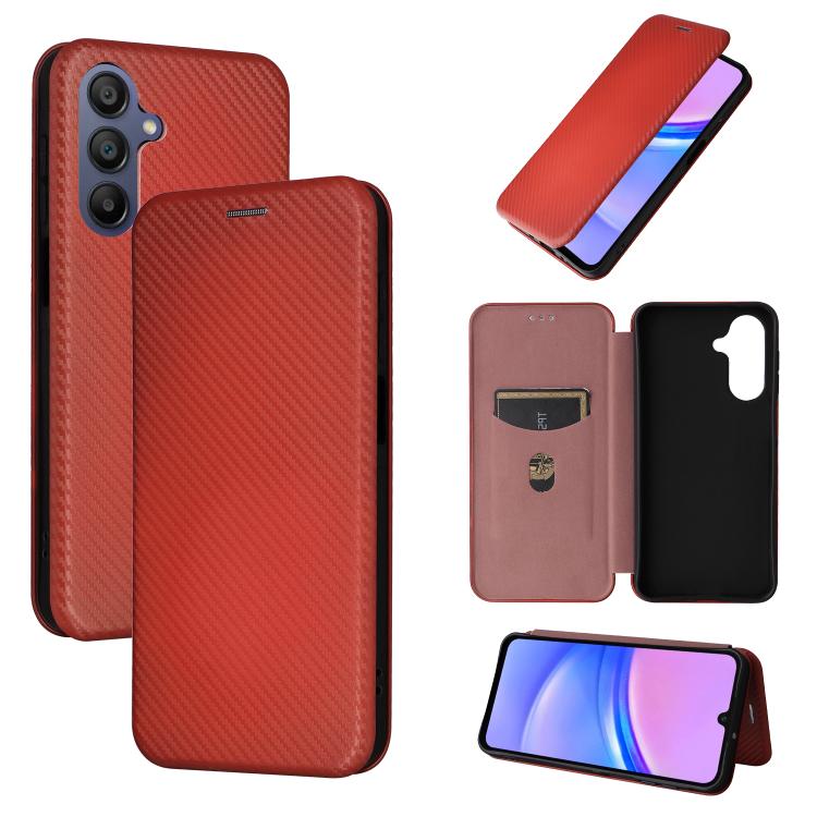 Funda de cuero con textura de fibra de carbono para Samsung Galaxy A17 5G (marrón)