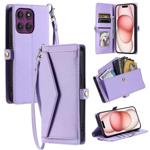 Funda de cuero con ranura para múltiples tarjetas y cordón para Motorola Edge 60 Pro (morado)