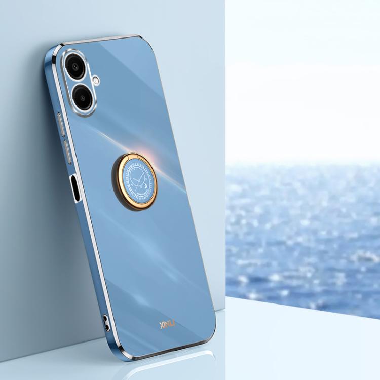 Funda de TPU con borde recto 6D galvanizado y soporte para anillo para Samsung Galaxy A07 5G XINLI (azul celeste)