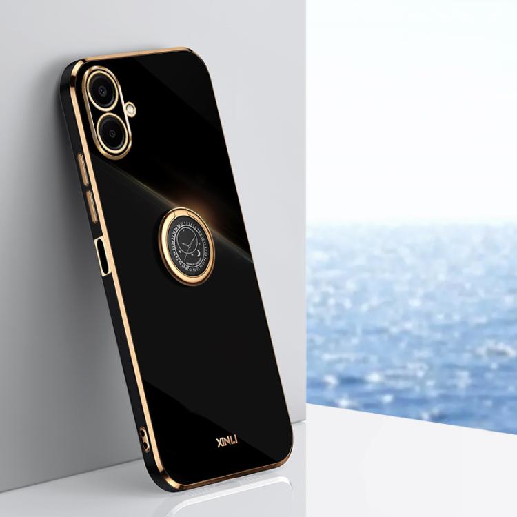 Funda de TPU con borde recto 6D galvanizado y soporte para anillo para Samsung Galaxy A07 5G XINLI (negra)