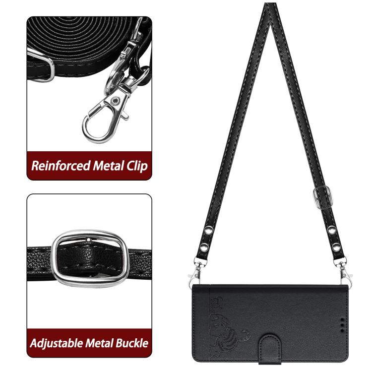 Funda de cuero RFID con relieve de gato y rata para Samsung Galaxy M56 5G con cordón (negra)