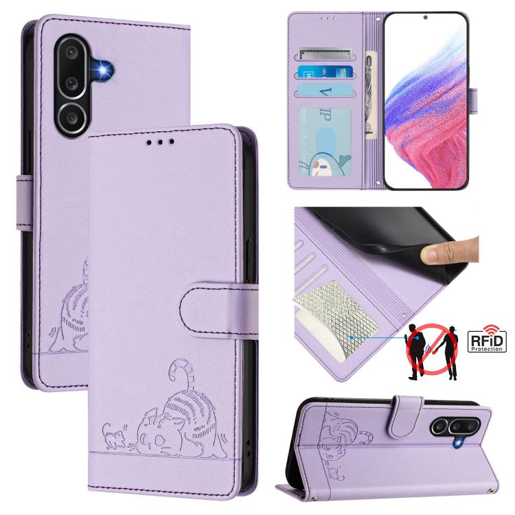 Funda de cuero RFID con relieve de gato y rata para Samsung Galaxy M56 5G con cordón (morado)