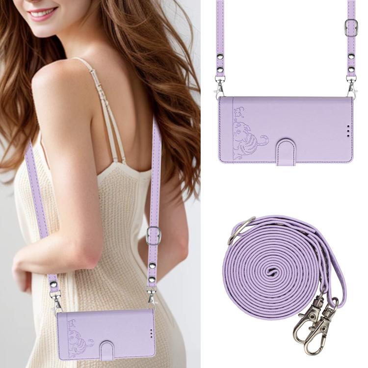 Funda de cuero RFID con relieve de gato y rata para Samsung Galaxy M56 5G con cordón (morado)
