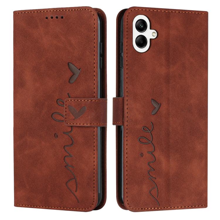 Funda de piel con relieve de corazón para Samsung Galaxy A07 4G con cordón largo (marrón)