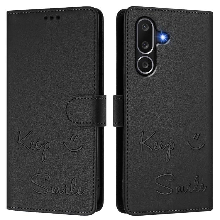 Funda de cuero RFID con relieve sonriente para Samsung Galaxy M56 5G (negra)