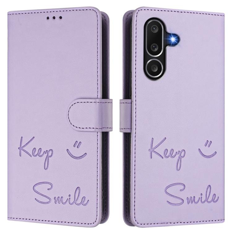 Funda de cuero RFID con relieve sonriente para Samsung Galaxy M56 5G (morado claro)
