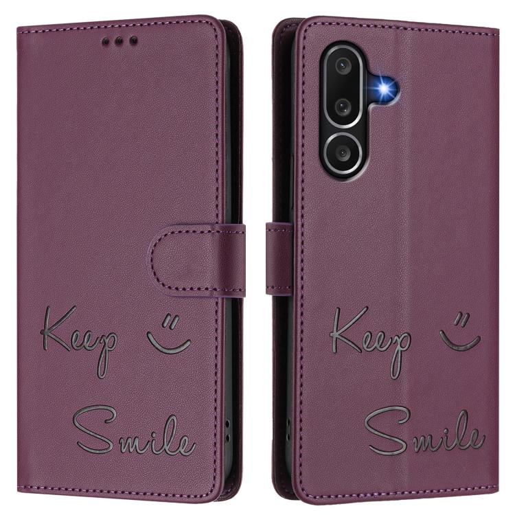 Funda de cuero RFID con relieve sonriente para Samsung Galaxy M56 5G (violeta)