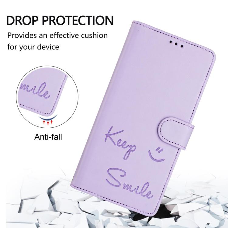 Funda de cuero RFID con relieve sonriente para Samsung Galaxy XCover7 Pro (morado claro)