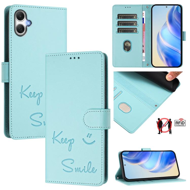 Funda de cuero RFID con relieve sonriente para Samsung Galaxy A07 4G (verde menta)