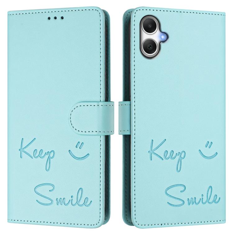 Funda de cuero RFID con relieve sonriente para Samsung Galaxy A07 4G (verde menta)