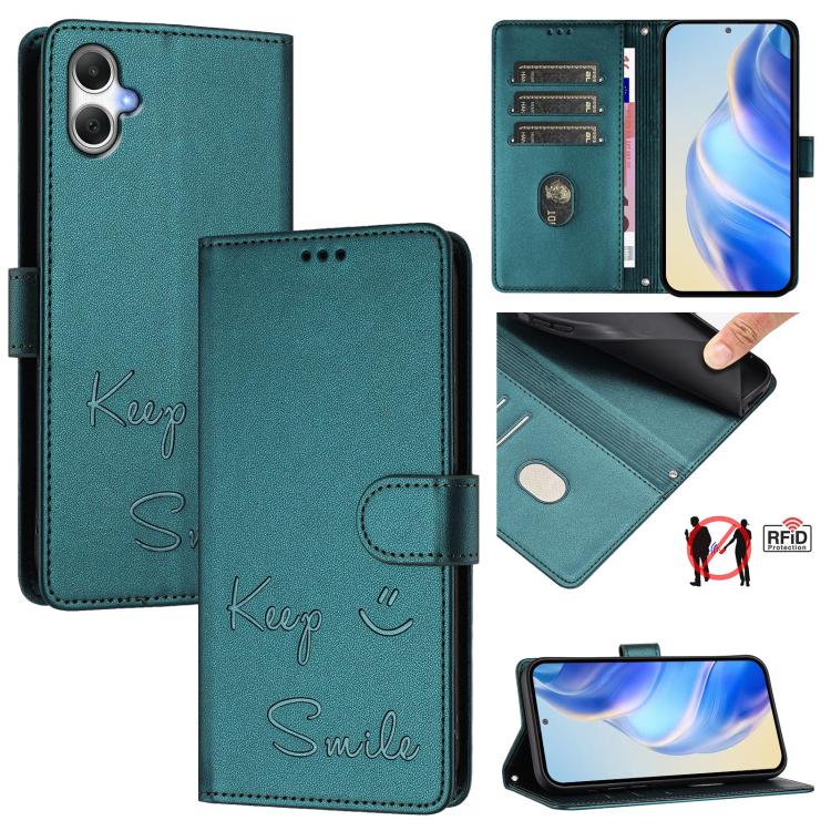 Funda de cuero RFID con relieve sonriente para Samsung Galaxy A07 4G (verde pavo real)