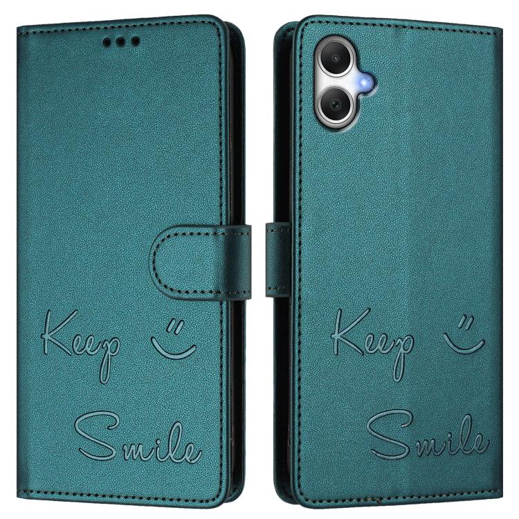 Funda de cuero RFID con relieve sonriente para Samsung Galaxy A07 4G (verde pavo real)