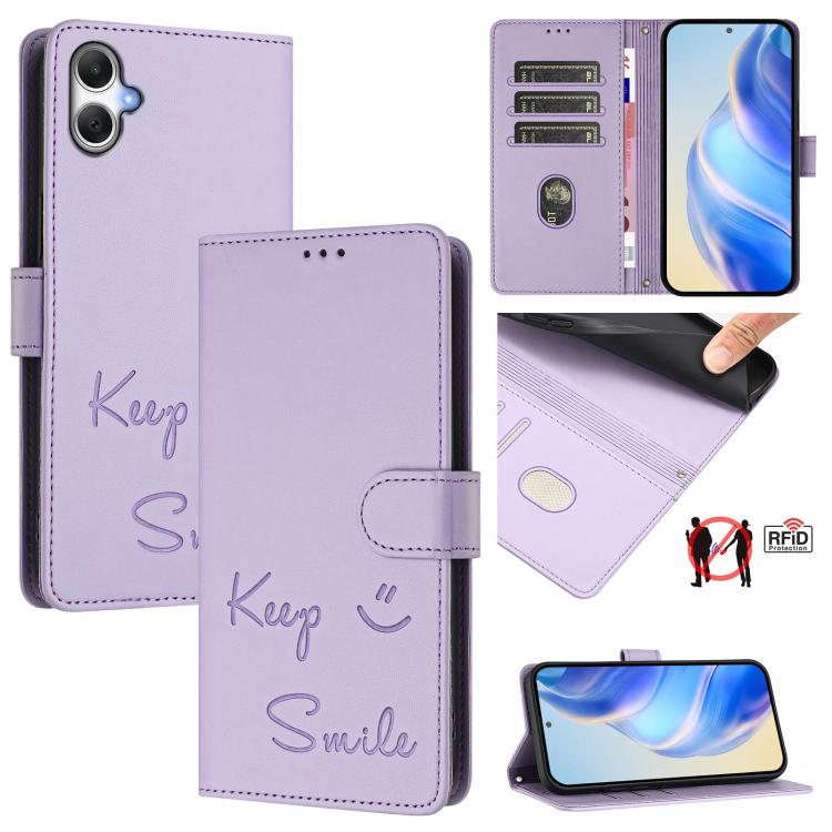 Funda de cuero RFID con relieve sonriente para Samsung Galaxy A07 4G (morado claro)