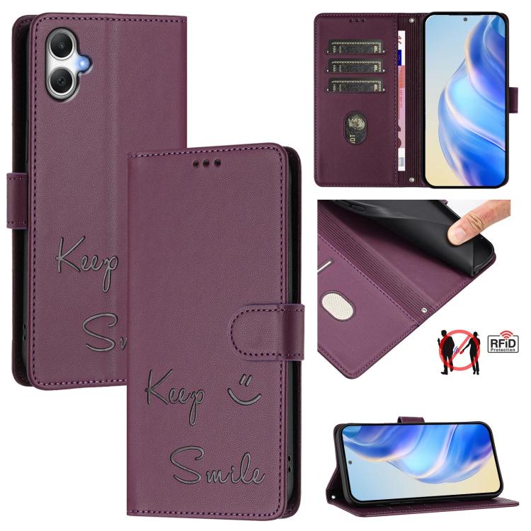 Funda de cuero RFID con relieve sonriente para Samsung Galaxy A07 4G (violeta)