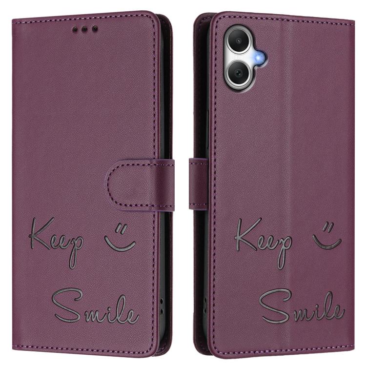 Funda de cuero RFID con relieve sonriente para Samsung Galaxy A07 4G (violeta)