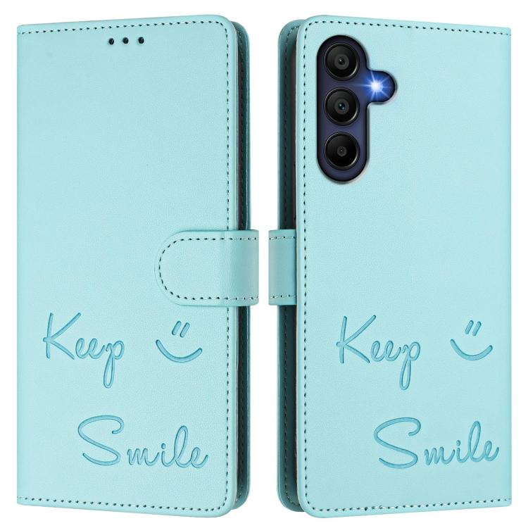 Funda de cuero RFID con relieve sonriente para Samsung Galaxy A17 4G (verde menta)