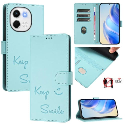 Funda de Cuero Rfid con Relieve Sonriente para Tecno Spark 30 5G (Verde Menta)