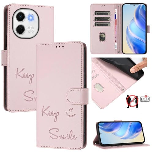 Funda de Cuero Rfid con Relieve Sonriente para Tecno Spark 30 5G (Rosa)