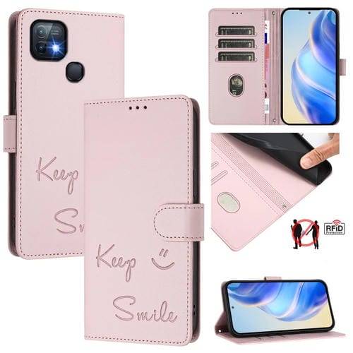 Funda de Cuero Rfid con Relieve Sonriente para Infinix Hot 10I (Rosa)