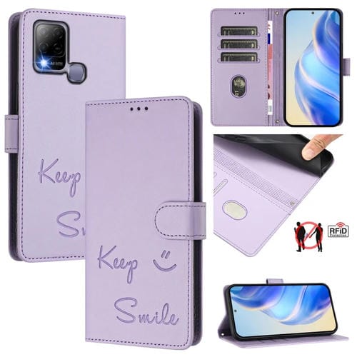 Funda de Cuero Rfid con Relieve Sonriente para Infinix Hot 10T/10S (Morado Claro)