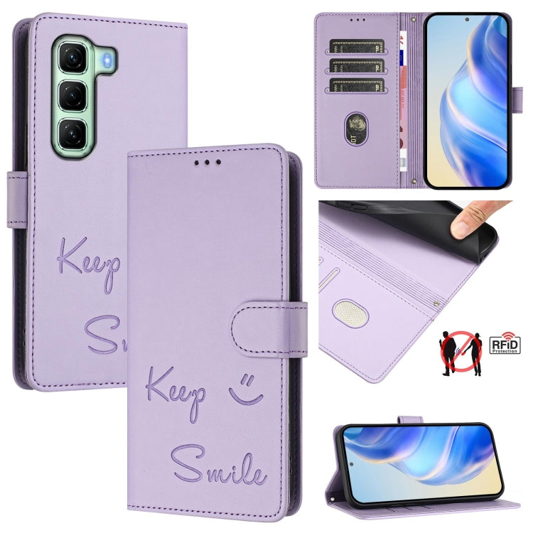 Funda de Cuero Rfid con Relieve Sonriente para Infinix Hot 50 4G (Morado Claro)