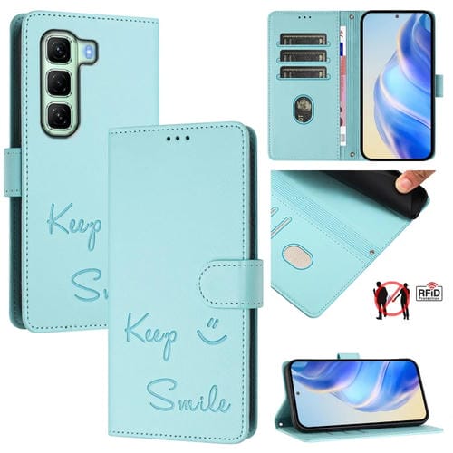 Funda de Cuero Rfid con Relieve Sonriente para Infinix Hot 50 5G (Verde Menta)