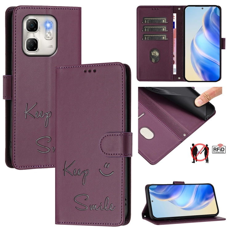 Funda de Cuero Rfid con Relieve Sonriente para Infinix Hot 50I 5G y Smart 9 4G (Violeta)