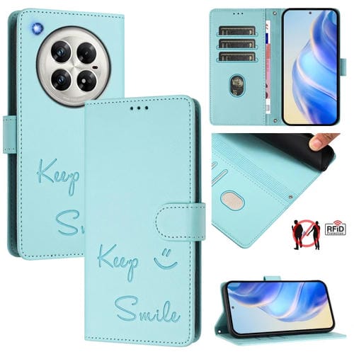 Funda de Cuero Rfid con Relieve Sonriente para Teléfono Infinix Zero 40 4G/5G (Verde Menta)