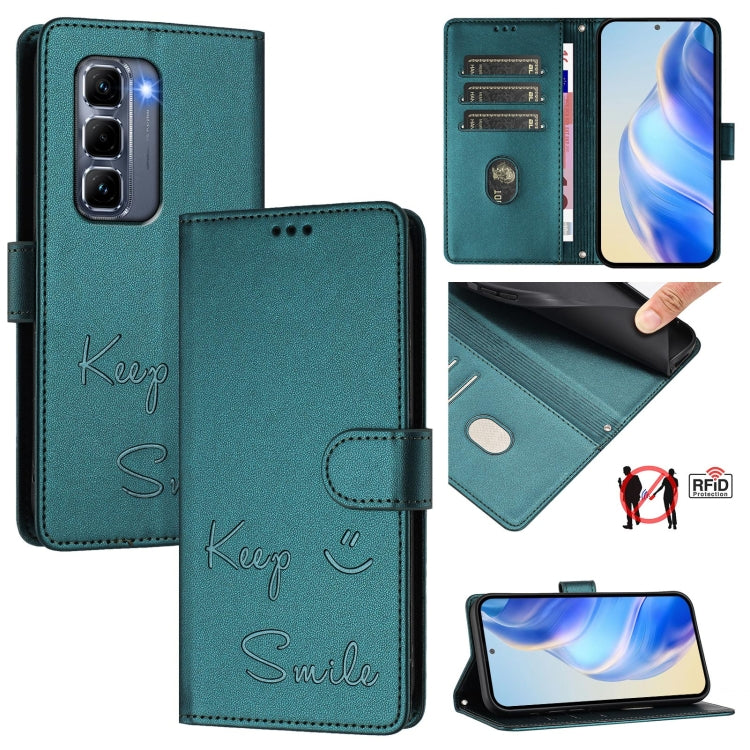 Funda de Cuero Rfid con Relieve Sonriente para Infinix Hot 50 Pro+ 4G (Verde Pavo Real)