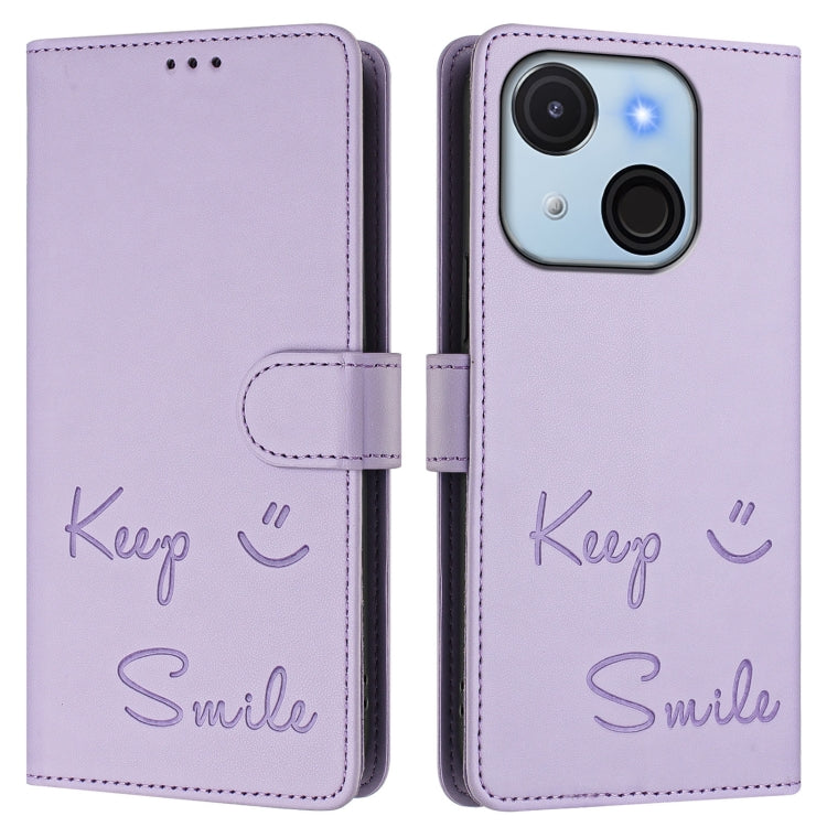 Funda de Cuero Rfid con Relieve Sonriente para Teléfono Itel A50C (Morado Claro)