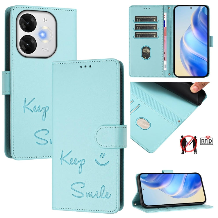 Funda de Cuero Rfid con Relieve Sonriente para Teléfono Itel A80 4G (Verde Menta)